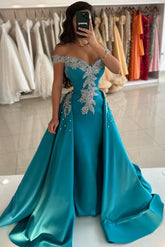 Charming Blue Column V-Neck Off-The-Shoulder Sleeveless Beaded Panel Train Long Satin Evening Dresses with Pearls And Appliques